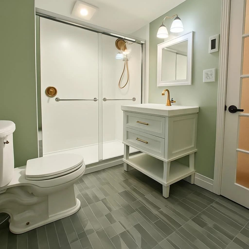 A completed MN Construction bathroom renovation with a freestanding soaker tub and custom vanity