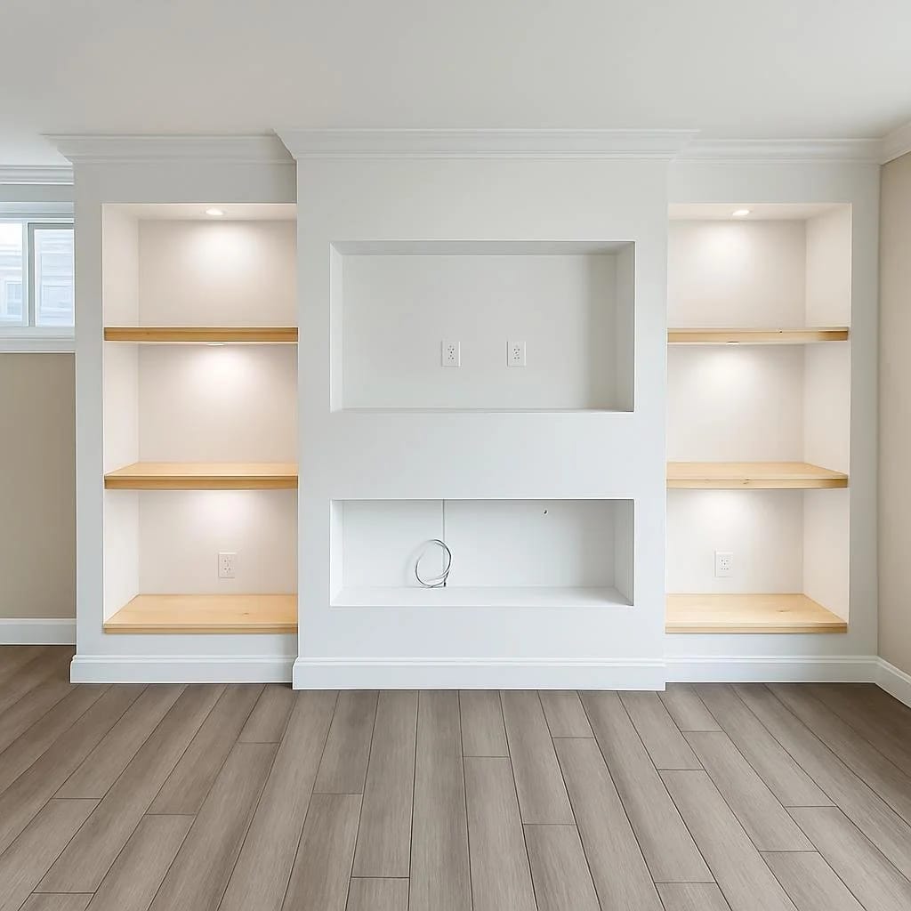 Custom built-in millwork shelving with integrated lighting beside a glass shower