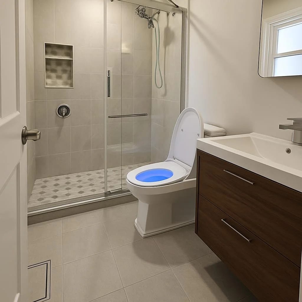 Renovated bathroom with a navy-blue vanity, framed mirror and brushed fixtures
